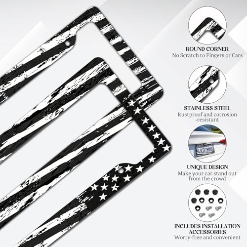 2 Pack License Plate Frames, American Flag License Plate Cover, Universal US Stainless Steel License Plate Holder with Screws for Women Men - color: Black & White