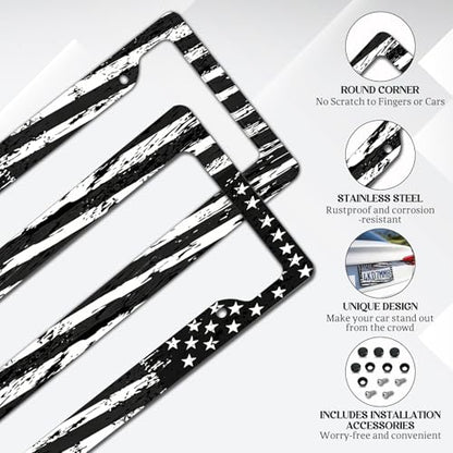 2 Pack License Plate Frames, American Flag License Plate Cover, Universal US Stainless Steel License Plate Holder with Screws for Women Men - color: Black & White