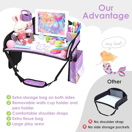 Kids Travel Tray for Car Airplane - Toddler Car Seat Table Tray, Road Trip Essentials for Boys & Girls, Carseat Lap Desk for Kids Road Trip Activities (Purple Mermaid) - color: Purple Mermaid
