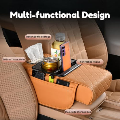 Car Center Console Pad Leather Armrest Pad w/Cup Holder, Tissue Box Slot, Side Bag, Phone Slot for Car Sedans (Embossed, Orange) - color: Orange, style: Embossed