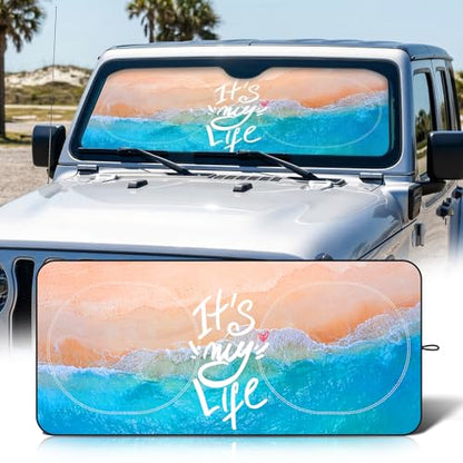 63"x28.5" Car Windshield Sun Shade with Storage Pouch, Stylish Printed Front Window Sunshade with Double Ring Frame, Universal Fit Foldable Heat Blocker & UV Protector for SUV, Sedan (Beach) - color: Beach