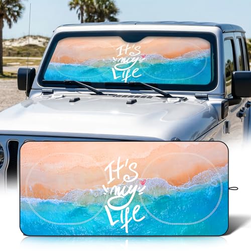 63"x28.5" Car Windshield Sun Shade with Storage Pouch, Stylish Printed Front Window Sunshade with Double Ring Frame, Universal Fit Foldable Heat Blocker & UV Protector for SUV, Sedan (Beach) - color: Beach
