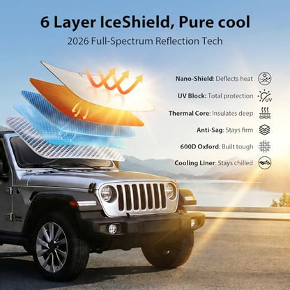 Upgraded Windshield Sun Shade for Jeep Wrangler 2000-2026 and Gladiator [Super Heat Insulation, 99.9% Sun Protection] Foldable Sunshade with Storage Bag, Car Accessories, XS (59 x 21 in) - size: Xs | 59"l X 21"w