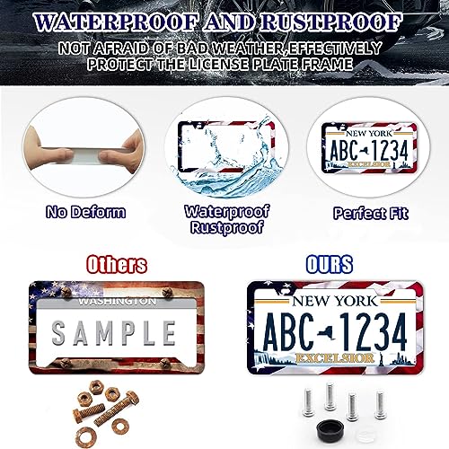 LIN KANG Patriotic American Flag License Plate Frame Holder - 2 Pack Universal Aluminum Matte Stripe US Flag Gloss Car Plate Frame Covers with 2 Holes and Screws Fasteners Caps - color: Matte American flag Narrow side E