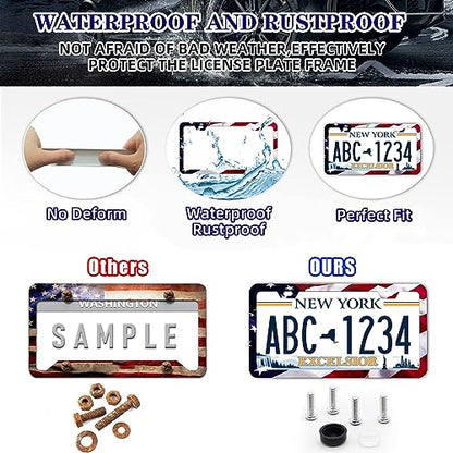 LIN KANG Patriotic American Flag License Plate Frame Holder - 2 Pack Universal Aluminum Matte Stripe US Flag Gloss Car Plate Frame Covers with 2 Holes and Screws Fasteners Caps - color: Matte American flag Narrow side E