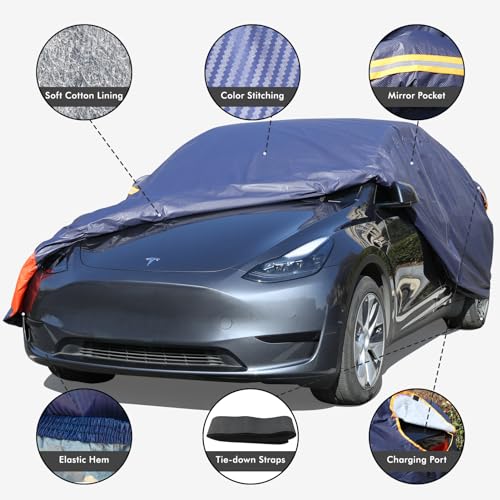 Tesla Model 3 Car Cover Waterproof All Weather, 6 Layers Outdoor Full Exterior Cover Rain Sun UV Snowproof Protection with Zipper Cotton, Mirror Pocket and Charging Port - style: Model 3-Red