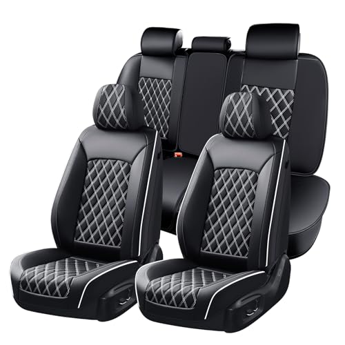 Huidasource Universal Car Seat Cover, Nappa Leather Car Seat Cover Set, Velcro Adjustable, Compatible with Airbags, Armrests, Child Seat, fit for Most Cars, Vans, Trucks, SUVs (Full Set/Black&White) - color: 01FS# Black & White01, size: 5pcs Full Set