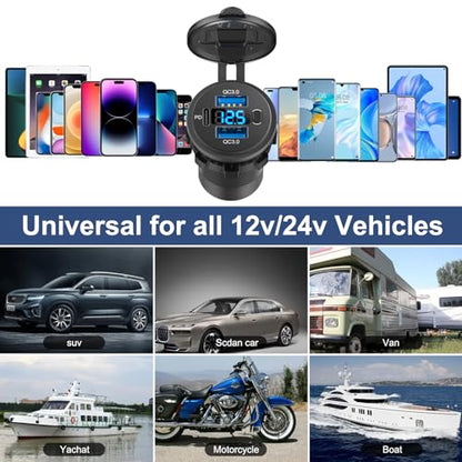 Hapytrip 2 Pack 12 Volt USB Outlet Dual Quick Charge 3.0 Port and PD3.0 USB C Car Battery Chargers Socket, Waterproof 12V Power Outlet Cigarette Lighter Replacement DIY Kit with Voltmeter and Switch - color: pack of two