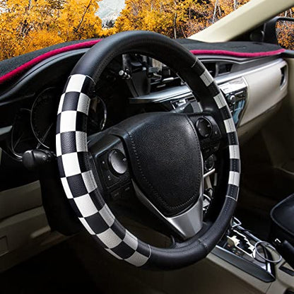 Evankin Lattice Leather Steering Wheel Cover, Black and White Checker Car Accessories, Non-Slip and Comfortable Unisex Universal Steering Wheel Cover 15 inch for Women Men (Black and White Checker) - color: leather Black and White Checkered