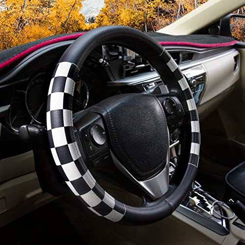 Evankin Lattice Leather Steering Wheel Cover, Black and White Checker Car Accessories, Non-Slip and Comfortable Unisex Universal Steering Wheel Cover 15 inch for Women Men (Black and White Checker) - color: leather Black and White Checkered