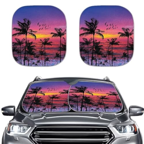 2-Piece Car Windshield Sun Shade Coconut Tree Sunset, Car Front Window Decor Cover Sun Reflector Blocks UV Sun and Heat, Universal Fit Most Cars SUV Truck Sedan - color: Coconut Tree Sunset Print