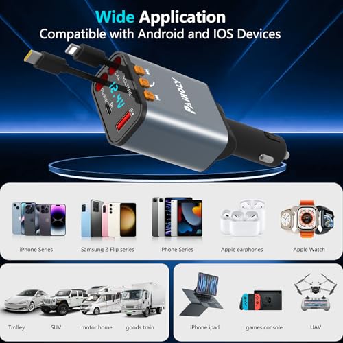 Bluetooth 5.3 Car Adapter, FM Transmitter Bluetooth Car Charger, 4 in 1 Retractable Car Charger, Phone USB C PD Fast Charging Adapter for RV SUV Truck, Fit iPhone 17/16/15/14 (Type C & Lightning)