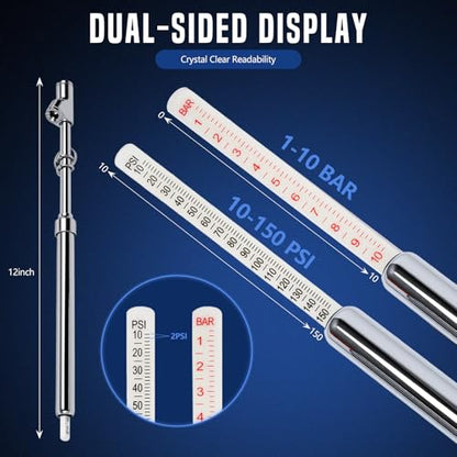 10-Pack Heavy Duty Dual Head Tire Pressure Gauge (10-150 PSI, 1-10 Bar) for Semi Trucks, RVs, Cars, Motorcycles - 12 Inch - color: 10PCS