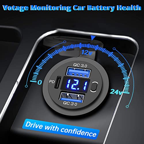 Qidoe 12V USB Outlet Dual 18W Quick Charge 3.0 Port & 30W PD 12V USB C Car Charger Socket with Voltmeter and Power Switch, Waterproof Multiple Car USB Port Adapter for Car Boat Marine Truck Golf RV