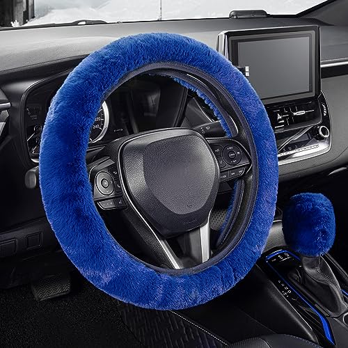 SEG Direct Furry Car Steering Wheel Cover with Fluffy Gear Shift Cover Soft Warm Non-Slip Car Decoration for Men Women Girls 2 PCS Set, Blue - color: Blue
