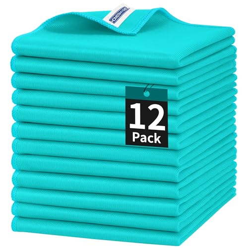 Microfiber Cleaning Cloth, 12 Pack Window Glasses Cleaning Cloth, Reusable Lint-Free Streak Free Polishing Cloth Wipes for Stainless Steel, Eyeglass, Mirror, Screen & Lense, Turquoise - color: Turquoise, size: 12 Pk-12" X 12"