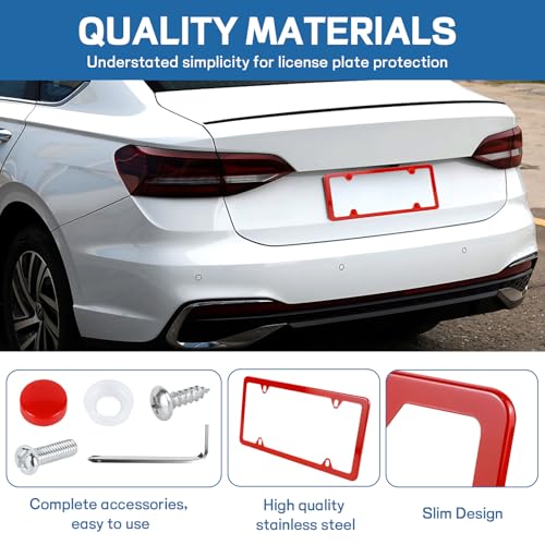 Wuyaoyao 2PCS Car License Plate Frames, 4 Holes Stainless Steel License Plate Frame, Slim License Plates Cover Holder with Screws Bolts Caps Washers, Universal Exterior Car Accessories (Red) - color: Red
