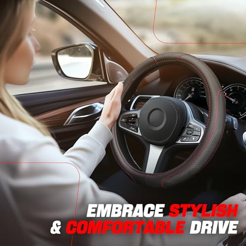 Auto Dynasty Steering Wheel Cover, Breathable Microfiber Leather Car Steering Wheel Protector with Hexagon Quilted Non-Slip Grip Pattern, Anti-Slip, [14 1/2 to 15 Inches] Universal Fit Cars Trucks SUV - color: Hexagon Stitched Red A