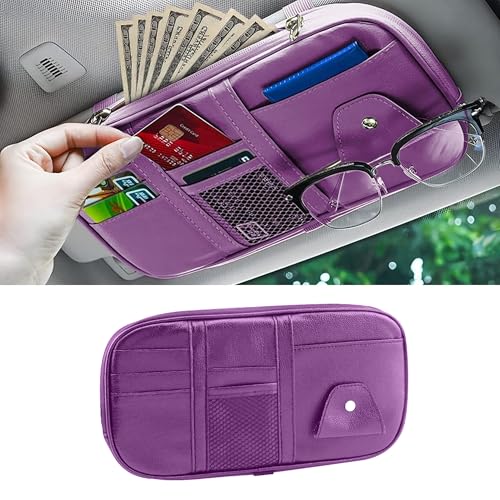 Car Sun Visor Organizer, Sunglass Holder and Storage Pocket, Card Cash Pouch with Multi-Pocket Net Zipper, Case Bag for License Pen Key, Auto Accessories for Truck, SUV, Van (Purple) - color: Purple