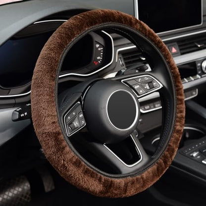 KAFEEK Elastic Long Microfiber Plush Steering Wheel Cover for Winter Warm, Universal 15 inch, Anti-Slip, Odorless, Brown - color: Brown