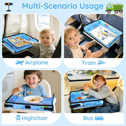 Kids Travel Tray Table Cover with Pockets – Toddler Airplane Essentials for Plane, Train, Car & Highchair, Portable Activity Board with Tablet Holder & Storage (Light Blue) - color: Light Blue