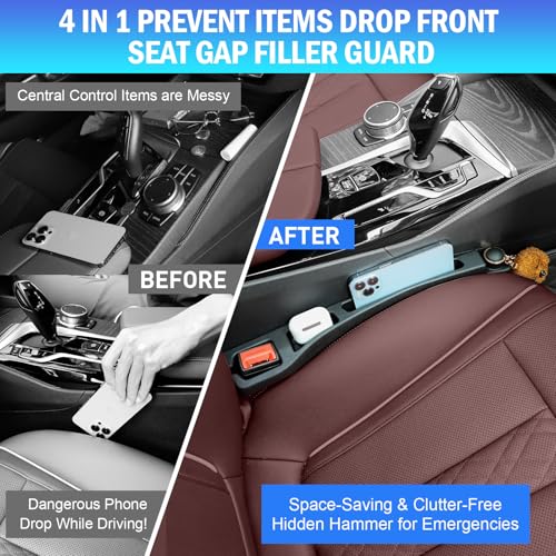 2PCS Car Seat Gap Filler Organizer 4In1 Between Seat & Console Inserts Gap Stopper Plug with Fill,Storage,Hook Function & Concealed Small Hammer,Upgraded Universal No Drop Seat Guard for Cars (Black)