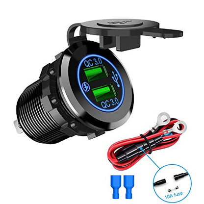 Nilight - 90103A Dual USB Port QC 3.0 Fast Charging Hubs USB Charger Socket Power Outlet 2.1A & 2.1A x2 for Car Boat Marine RV Mobile with Wire Fuse DIY Kit with Lightly Blue LED, 2 years Warranty - size: Dual USB