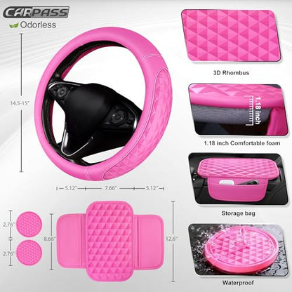 CAR PASS 3D Rhombus Pink Leather Steering Wheel Cover Car Accessories Set, Center Console Armrest Cushion with Storage Bags 2 Non-Slip Cup Coasters, 14.5-15in Cute Car Interior Sets, 4 PCS Hot Pink - color: Hot Pink