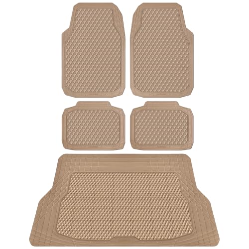 CAR PASS Beige Rubber Car Floor Mats & Cargo Liners, Durable Anti-Slip 3D Rhombus Waterproof Automotive Pad Trim Fit Liner All-Weather Trunk Mats Full Set Universal Fit Auto Van Sedan SUV Truck Beige - color: Beige With Cargo Liners
