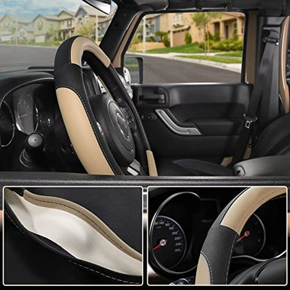 SEG Direct Car Steering Wheel Cover for F-150 Tundra Range Rover 15.5-16 inch, Black and Beige Microfiber Leather - color: Black and Beige, size: Large size[15 1/2''-16'']
