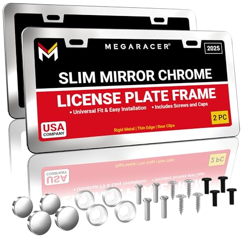 Premium Slim Mirror Chrome License Plate Frames – 2 Pack, Rust-Free Stainless Steel, Rattle-Free, Street Legal Universal with Screw Caps, Thin Silver Metal Front & Rear Car Tag Holder, For Men & Women - color: Chrome, size: 2 Piece