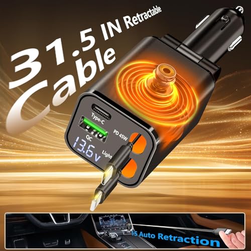 Retractable Car Charger, 120W 4-in-1 USB-C & Lightning Fast Charge Car Phone Charger, Dual Retractable Cable for iPhone 17/16/15/14/13/12 Samsung Travel Essentials Gifts for Women Men - color: Lightning & USB-C Cable