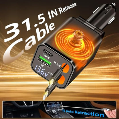 Retractable Car Charger, 120W 4-in-1 USB-C & Lightning Fast Charge Car Phone Charger, Dual Retractable Cable for iPhone 17/16/15/14/13/12 Samsung Travel Essentials Gifts for Women Men - color: Lightning & USB-C Cable