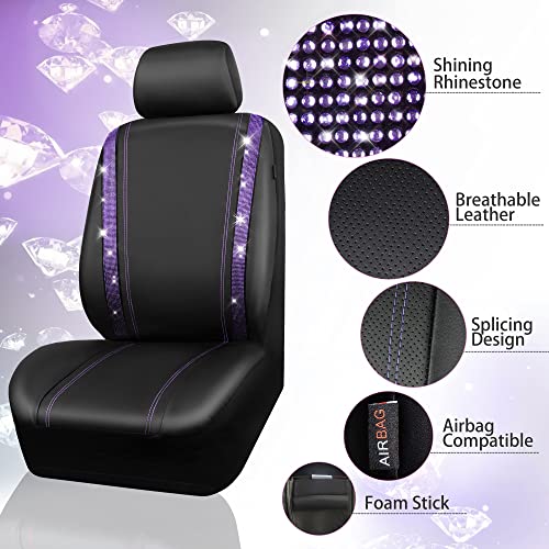 CAR PASS Bling Diamond Car Seat Covers Full Set,Shining Rhinestone Waterproof Faux Leather,Rear with Zipper,Universal Fit Automotive Glitter Crystal Sparkle Strips for Women,Violet Purple Rhinestone - color: Black Violet Diamond, size: Full Set