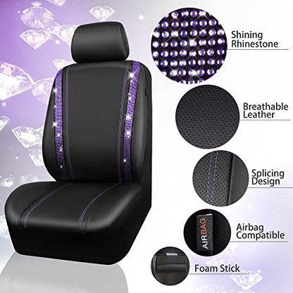 CAR PASS Bling Diamond Car Seat Covers Full Set,Shining Rhinestone Waterproof Faux Leather,Rear with Zipper,Universal Fit Automotive Glitter Crystal Sparkle Strips for Women,Violet Purple Rhinestone - color: Black Violet Diamond, size: Full Set