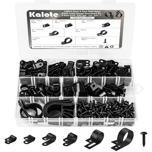 320PCS Black R Cable Clips-6 Sizes 3/16''1/4'' 3/8''1/2''3/4''1''-Premium PA66 Nylon | High Temp Resistant | Durable Wire Management Clamps Assortment Kit with Screws for Organizing Wires Cords - color: 320 Black