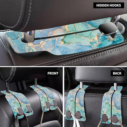 Car Seat Headrest Hooks for Purses and Bags Abstract Turquoise Golden Marble 1 Pack Bag Purse Holder for Car with Double Metal Hooks Car Purse Hanger Hanging Accessories - color: Abstract Turquoise Golden Marble