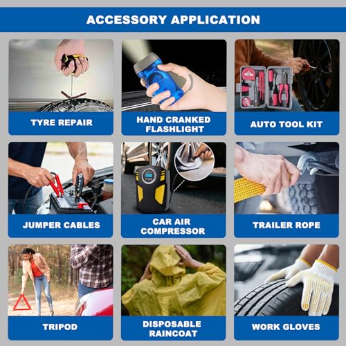 All-in-One Car Emergency Kit with Digital Tire Inflator, Jumper Cable, Tow Strap, Reflective Triangle, First Aid Kit, Hand Crank Flashlight, and Repair Tools for Roadside Safety (Blue) - color: Blue