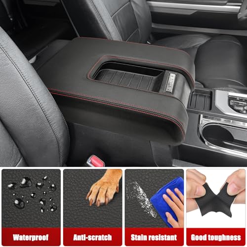 KBH Car Center Console Cover Replacement for Toyota Tundra 2014 2015 2016 2017 2018 2019 2020 2021, Vinyl Leather Armrest Uhpholstery, Anti-Scratch, Black-red Stitch (Leather Part Only) - color: Black-red stitch