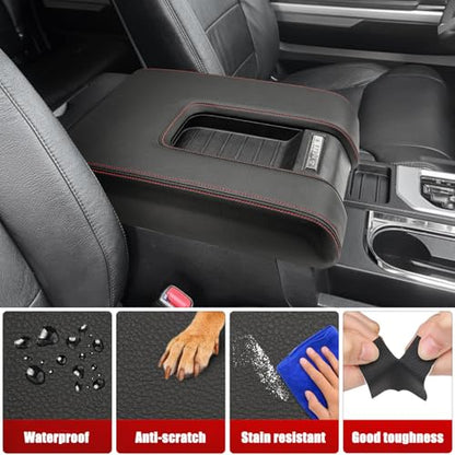 KBH Car Center Console Cover Replacement for Toyota Tundra 2014 2015 2016 2017 2018 2019 2020 2021, Vinyl Leather Armrest Uhpholstery, Anti-Scratch, Black-red Stitch (Leather Part Only) - color: Black-red stitch