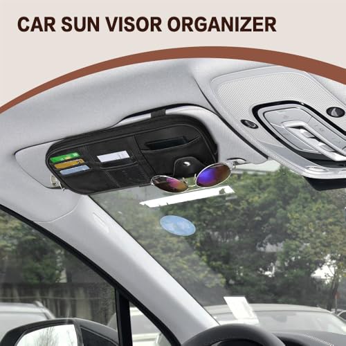 Car Sun Visor Organizer, Sunglasses Holders for Car Sun Visor, Storage Travel Document Holder with Multi Pocket Net Zipper, PU Auto Interior Accessories Universal for Car SUV Truck