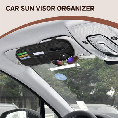 Car Sun Visor Organizer, Sunglasses Holders for Car Sun Visor, Storage Travel Document Holder with Multi Pocket Net Zipper, PU Auto Interior Accessories Universal for Car SUV Truck