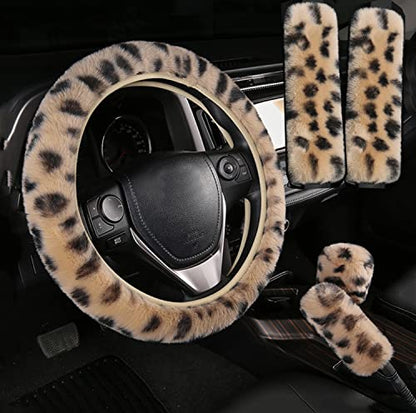 Pinbola 5pcs in 1 Set Faux Wool Steering Wheel Cover Soft Fluffy Handbrake Cover & Gear Shift Cover & 2pcs Seat Belt Shoulder Pads Warm Universal Fit for 15 Inch (L-Beige) - color: L-Beige