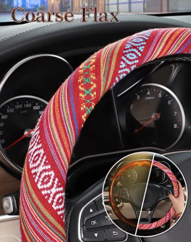 SEG Direct Boho Steering Wheel Cover with Baja Blanket Cloth, Ethnic Style Auto Wheel Cover Made of Coarse Flax, Fits 14 1/2-15 1/4 inches Car Wheel - color: Rosy Clouds