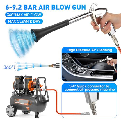 MYPIN Car Cleaning Gun, 6-9.2Bar, High Pressure Air Blow Gun with 2 Set Nozzle&Towel, Interior Car Cleaning for Vehicle Upholstery Carpet Seat - color: Black