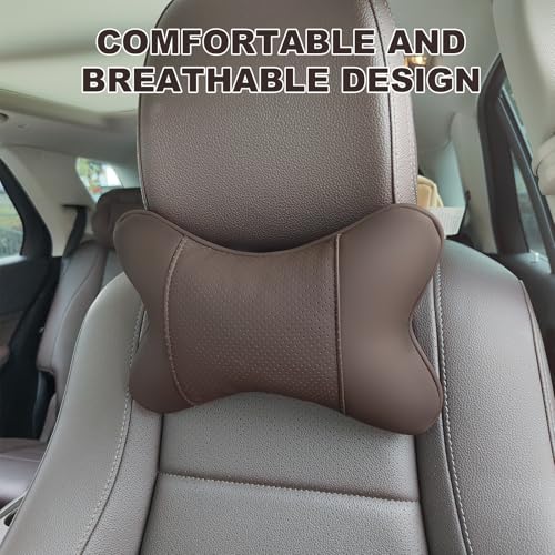 2 Pack Car Neck Pillow PU Leather Automotive Headrest Pillow for Car Support Neck Pain Relief Universal Car Pillow (Brown) - color: Brown