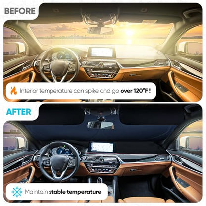 FORTEM Car Sun Shade for Windshield, Reflective Windshield Sunshade, 240T Polyester, Automotive Interior Sun Protection, Ultimate Heat and UV Shield, Foldable, Storage Bag - size: Large (65" x 33.5")