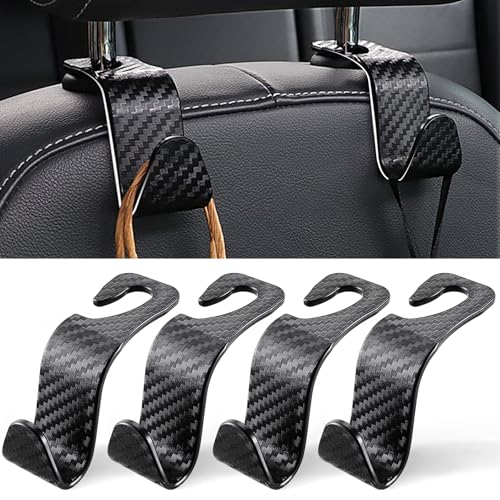 LivTee Car Purse Hook, 4 Pack Universal Auto Seat Headrest Hook Hangers Organizer for Coats, Umbrellas, Groceries - Carbon Fiber Black | Universal, Hangers, Organizer, for Coats, Umbrellas, Groceries - color: Black-CF