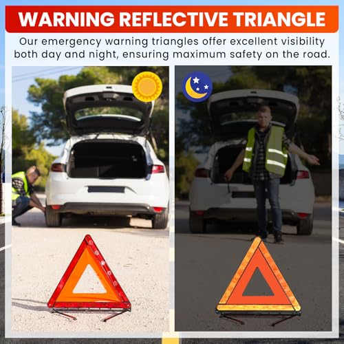 2 Pack Emergency Triangle + 2 Pack Reflective Vest, Foldable Reflective Emergency Triangles Roadside with Reflective Warning Vest, Base Roadside Triangle Kit, Roadside Emergency Car Kit