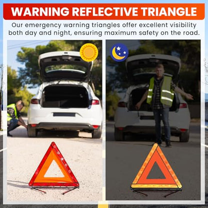 2 Pack Emergency Triangle + 2 Pack Reflective Vest, Foldable Reflective Emergency Triangles Roadside with Reflective Warning Vest, Base Roadside Triangle Kit, Roadside Emergency Car Kit